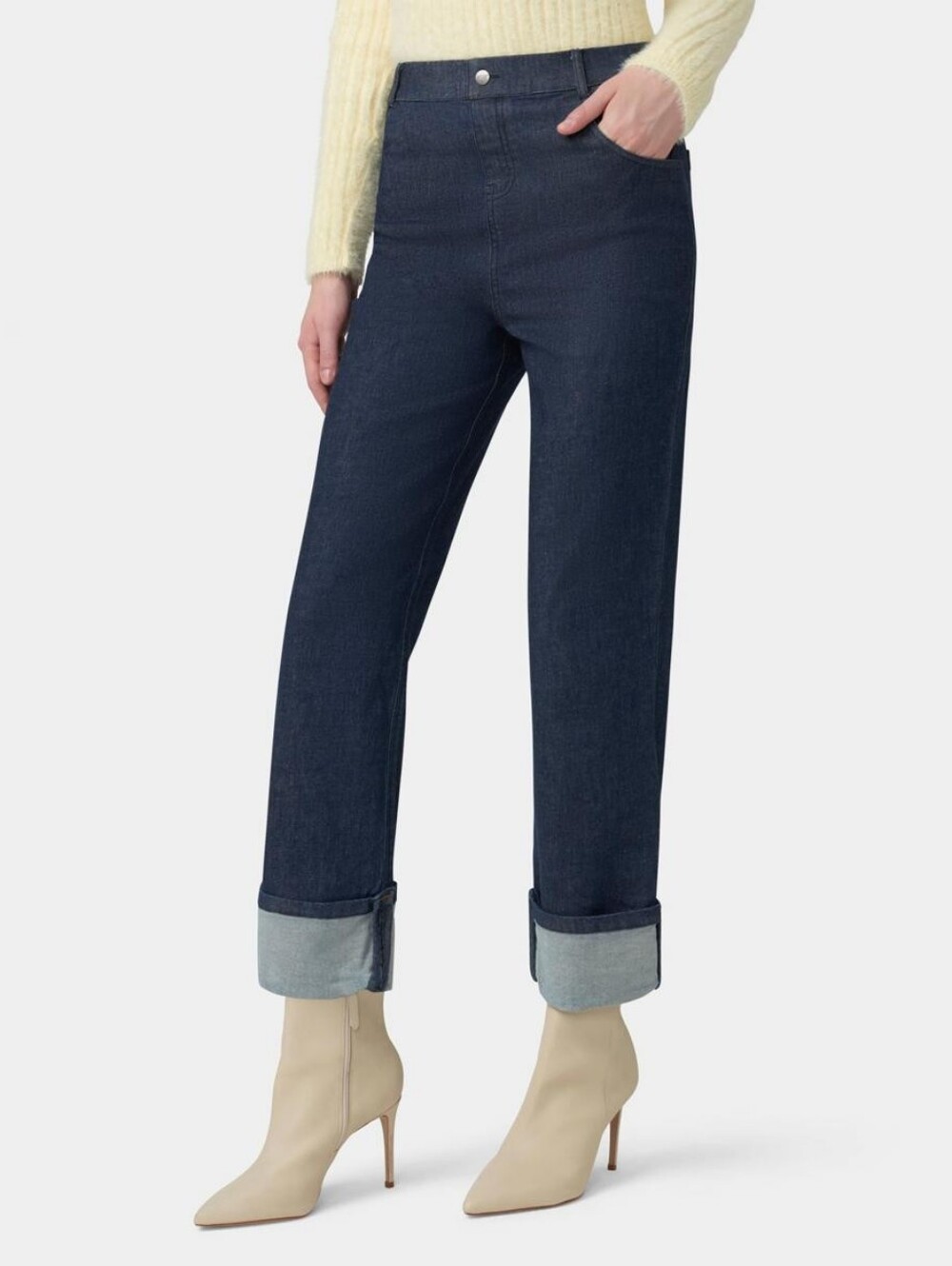 Hue Wide Cropped Leg Cuffed Dark Blue Denim Jeans